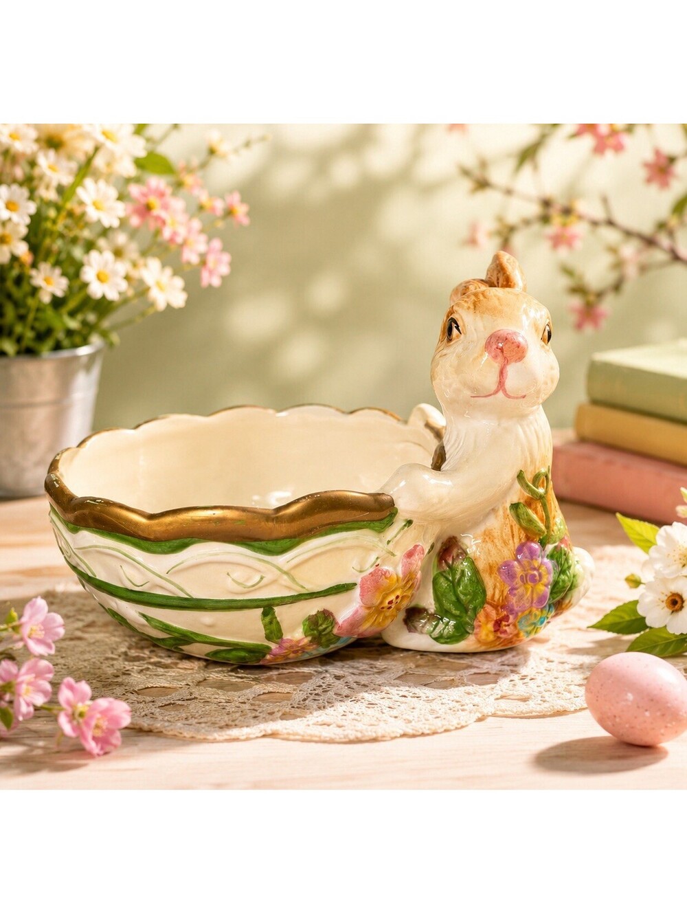 Nantucket 1980s Easter Bunny Floral Ceramic Planter Dish Gold Trim, 5.25x2.5”